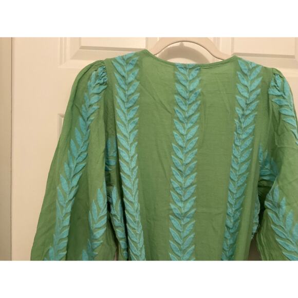 AUGUST RESORTWEAR ZAKAR GREEN LAUREL LEAF BALLOON SLEEVE MAXI DRESS SZ XS/S $240 - Picture 9 of 11